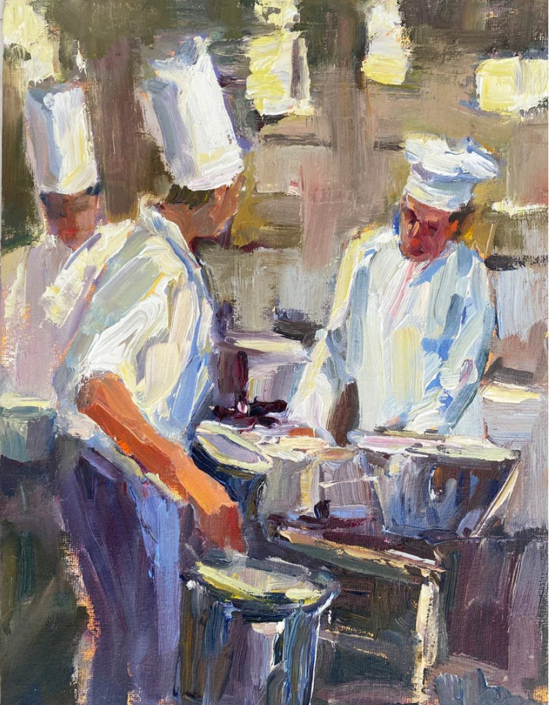 JEANNE EDWARDS - Junior Chef, oil on panel (framed) 9 x 12