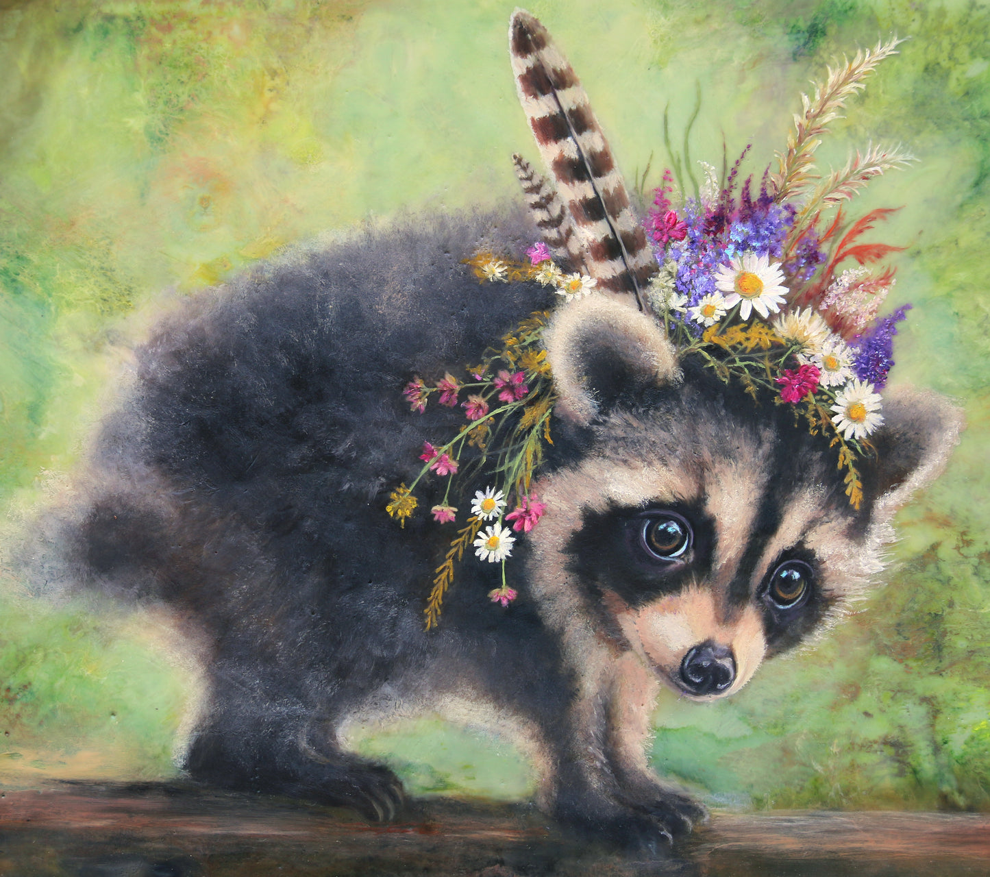 CARRIE GOLLER - Young Jimothy, Floriferous Raccoon, Mixed Media - Oil/Encaustic 14"x11" ***At Seattle Art Fair exclusively with Rehs Contemporary Galleries, NYC, please inquire at (212) 355-5710***