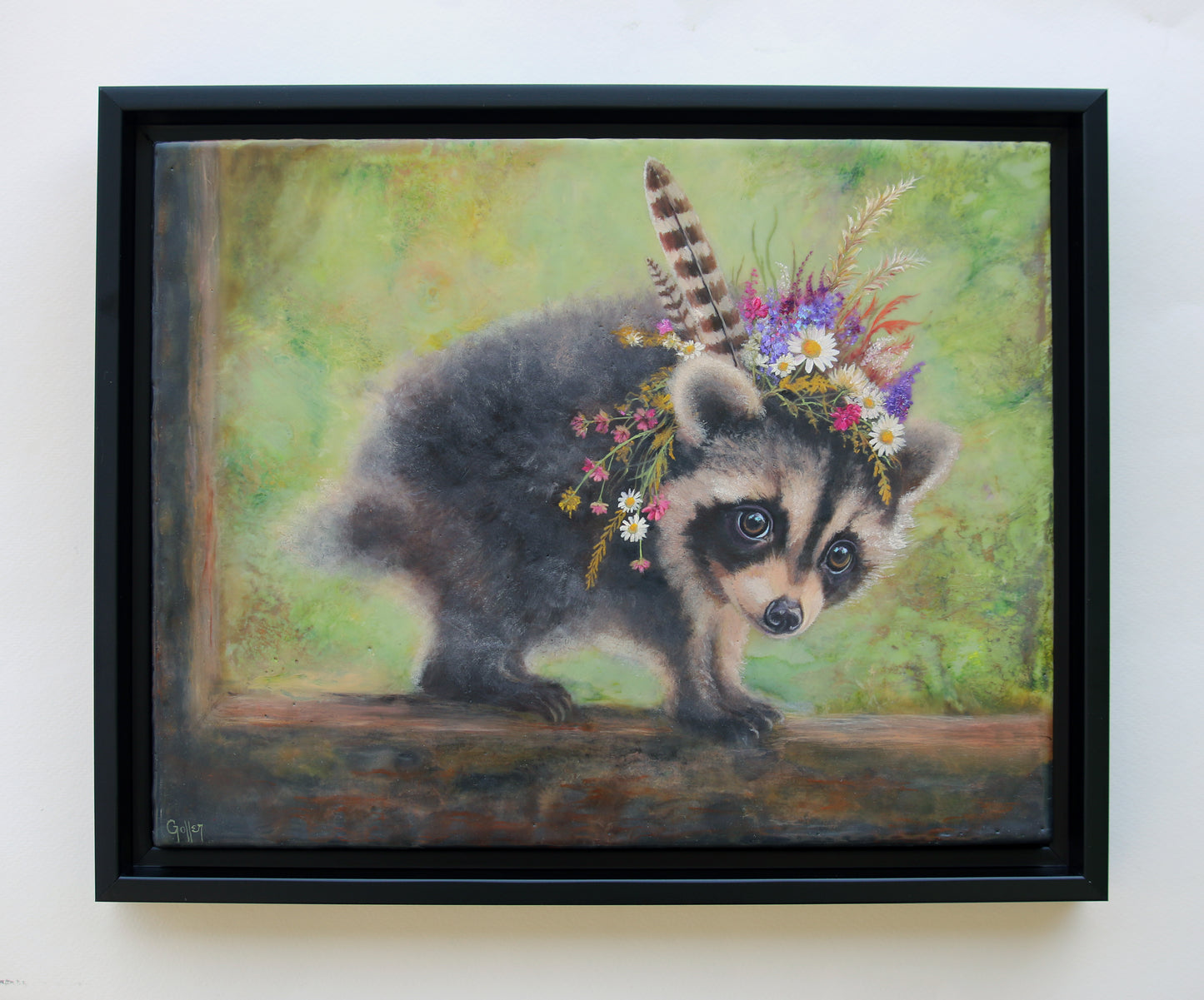 CARRIE GOLLER - Young Jimothy, Floriferous Raccoon, Mixed Media - Oil/Encaustic 14"x11" ***At Seattle Art Fair exclusively with Rehs Contemporary Galleries, NYC, please inquire at (212) 355-5710***