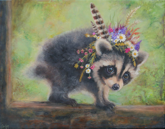 CARRIE GOLLER - Young Jimothy, Floriferous Raccoon, Mixed Media - Oil/Encaustic 14"x11" ***At Seattle Art Fair exclusively with Rehs Contemporary Galleries, NYC, please inquire at (212) 355-5710***
