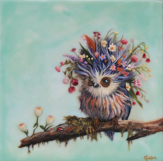 Prints available, original ***SOLD*** CARRIE GOLLER - Jinx (Wowl, Floriferous Collection), Mixed Media - Oil/Encaustic 8x8 ***At Rehs Contemporary Galleries, NYC, please inquire at (212) 355-5710***