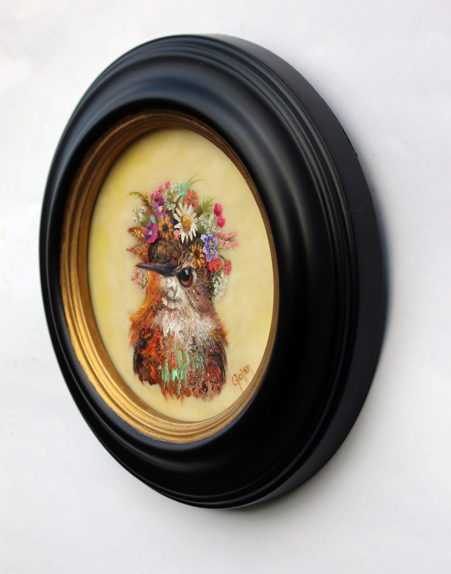 CARRIE GOLLER -  Karen, Floriferous Collection (Hummingbird), Mixed media - oil/encaustic 5x5 ***At Jones & Terwilliger Galleries, Carmel, CA please inquire at (831) 626-9100***