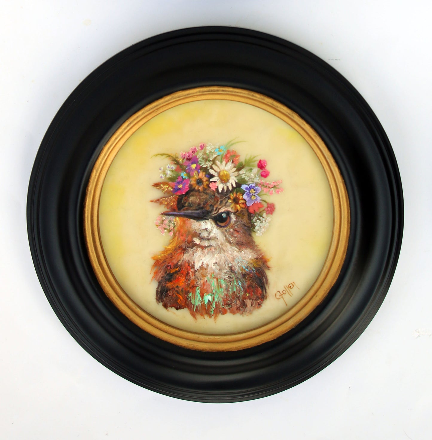 CARRIE GOLLER -  Karen, Floriferous Collection (Hummingbird), Mixed media - oil/encaustic 5x5 ***At Jones & Terwilliger Galleries, Carmel, CA please inquire at (831) 626-9100***