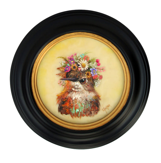 CARRIE GOLLER -  Karen, Floriferous Collection (Hummingbird), Mixed media - oil/encaustic 5x5 ***At Jones & Terwilliger Galleries, Carmel, CA please inquire at (831) 626-9100***