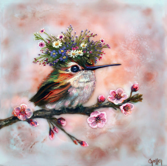 CARRIE GOLLER -  Katrina, Floriferous Hummingbird, Mixed Media Oil-Encaustic 8"x8" ***At Jones & Terwilliger Galleries, Carmel, CA please inquire at (831) 626-9100***