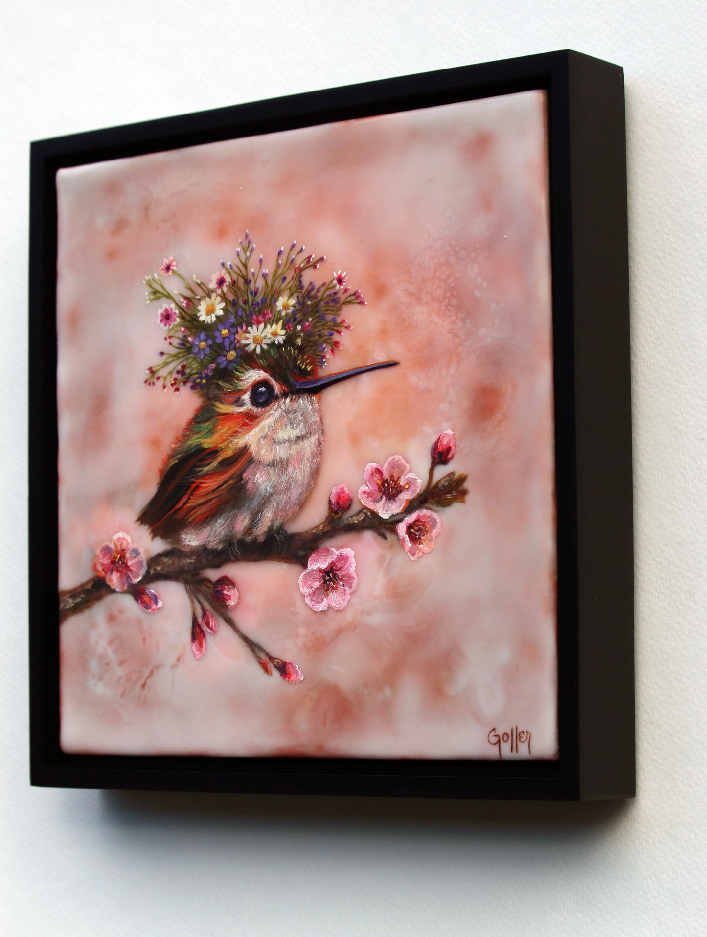 CARRIE GOLLER -  Katrina, Floriferous Hummingbird, Mixed Media Oil-Encaustic 8"x8" ***At Jones & Terwilliger Galleries, Carmel, CA please inquire at (831) 626-9100***