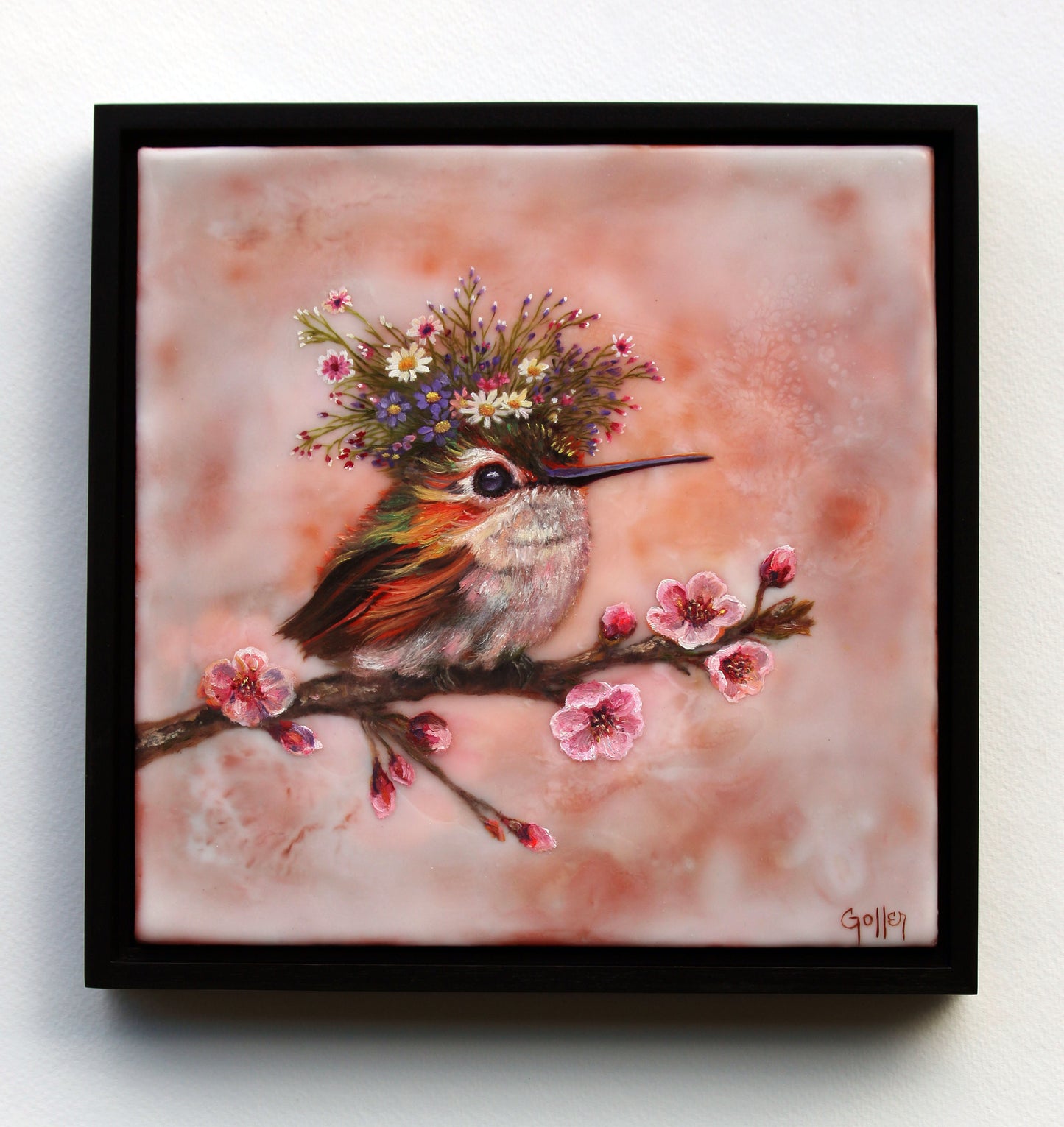 CARRIE GOLLER -  Katrina, Floriferous Hummingbird, Mixed Media Oil-Encaustic 8"x8" ***At Jones & Terwilliger Galleries, Carmel, CA please inquire at (831) 626-9100***