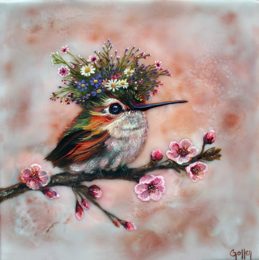 CARRIE GOLLER -  Katrina, Floriferous Hummingbird, Mixed Media Oil-Encaustic 8"x8" ***At Jones & Terwilliger Galleries, Carmel, CA please inquire at (831) 626-9100***