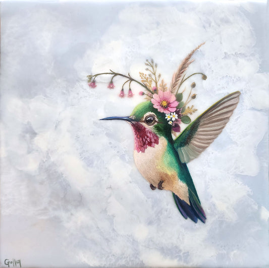 CARRIE GOLLER - Kelly, Floriferous collection (hummingbird) 8 x 8 Mixed Media – Oil/Encaustic