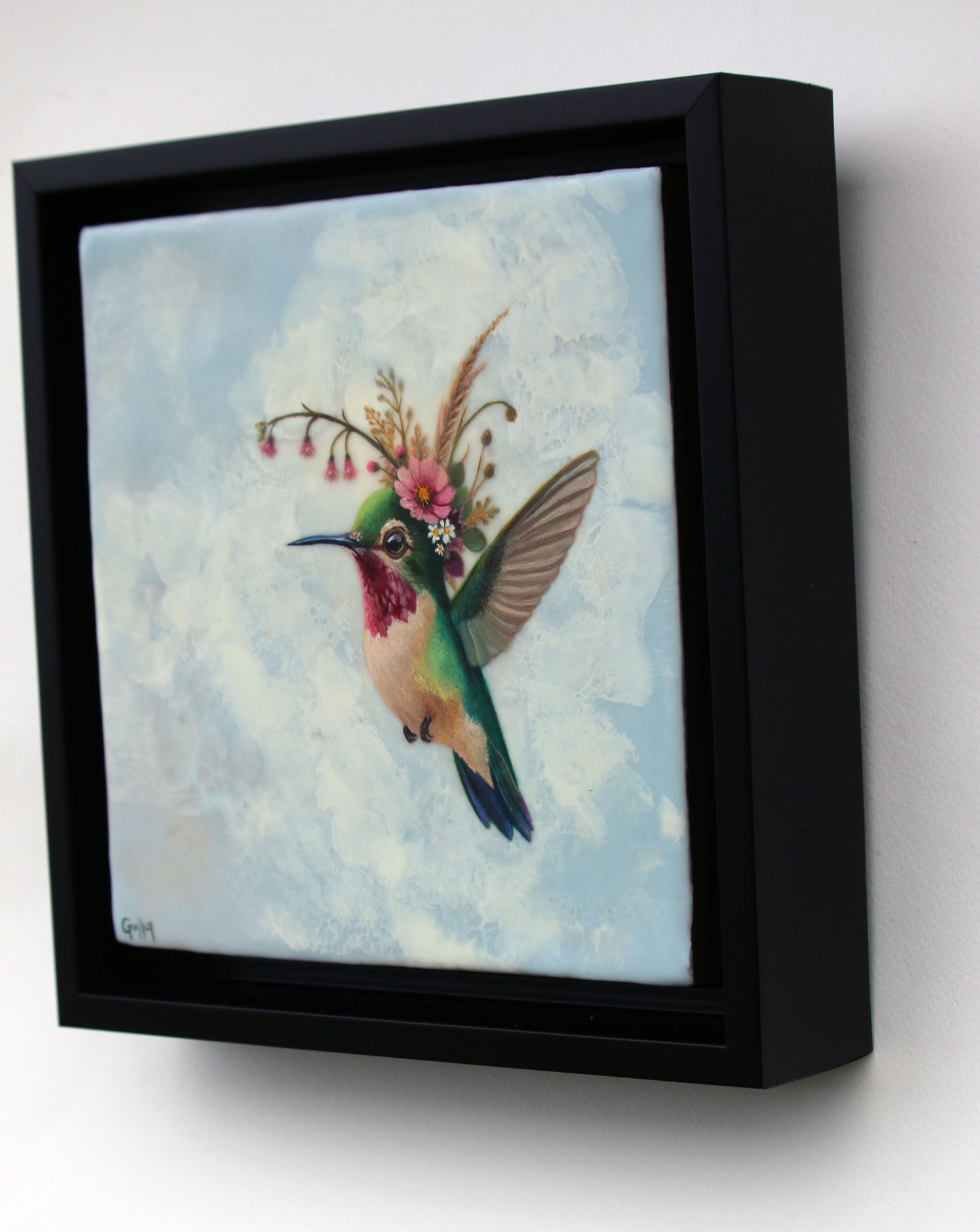 CARRIE GOLLER - Kelly, Floriferous collection (hummingbird) 8 x 8 Mixed Media – Oil/Encaustic