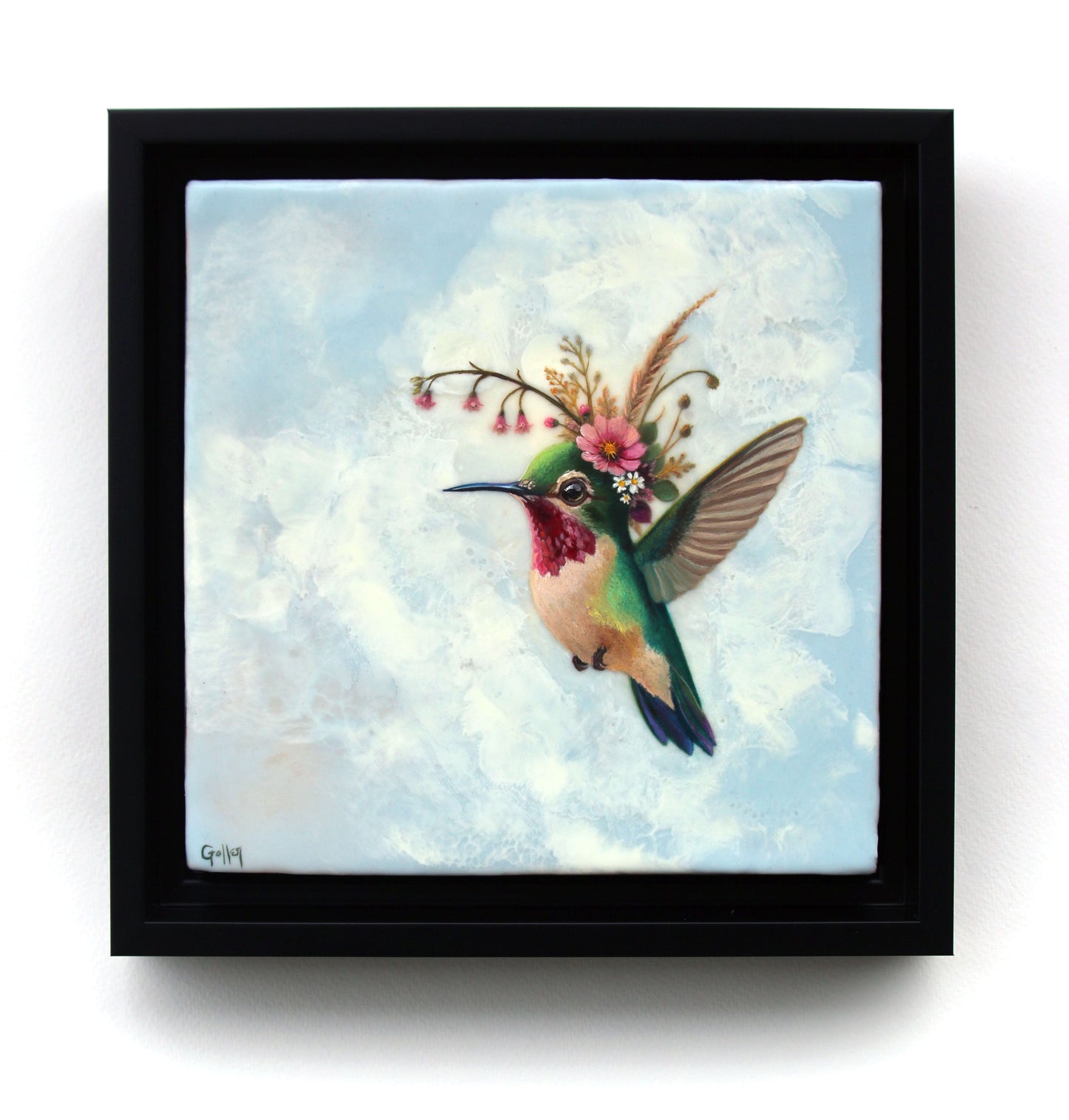 CARRIE GOLLER - Kelly, Floriferous collection (hummingbird) 8 x 8 Mixed Media – Oil/Encaustic