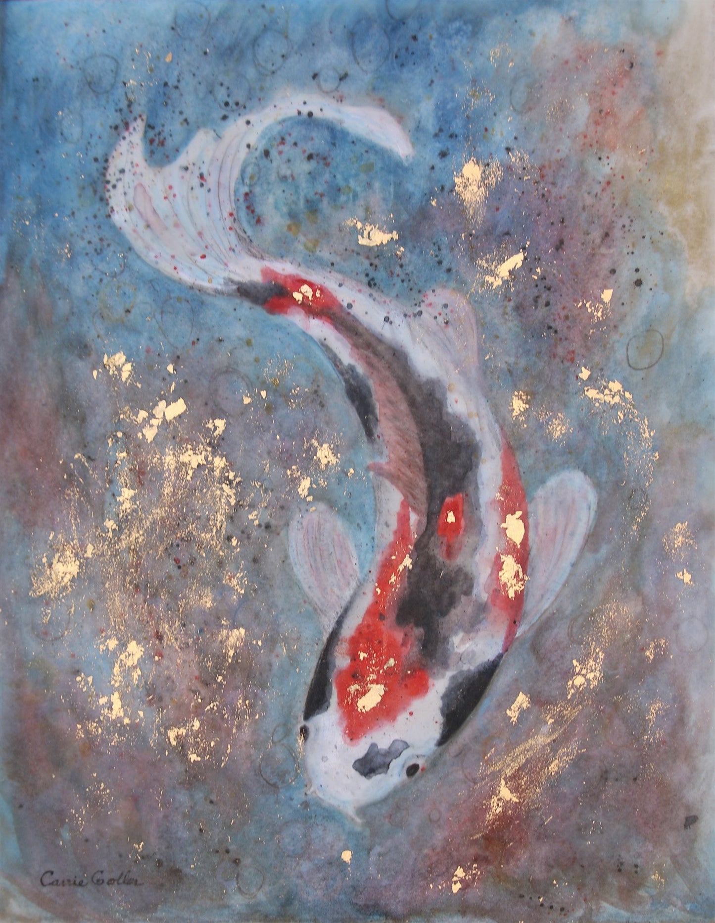 Prints available, original ***SOLD*** Carrie Goller -  Koi II, watercolor, encaustic, gold leaf 14x11
