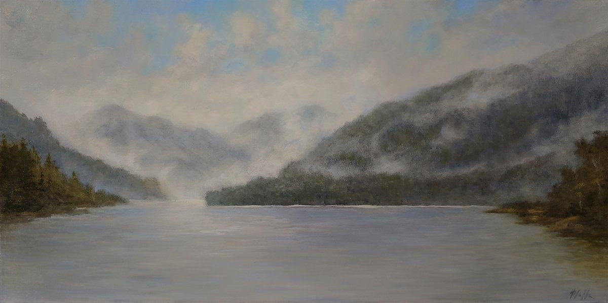 TIM PFEIFFER - Lake Crescent , oil on gallery wrapped canvas, 12x24 (framed)