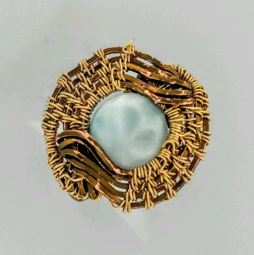 ***SOLD*** CHARLES GOLLER - Gold-plated bronze wire-wrapped Larimar crystal/gemstone ring, size 7.5