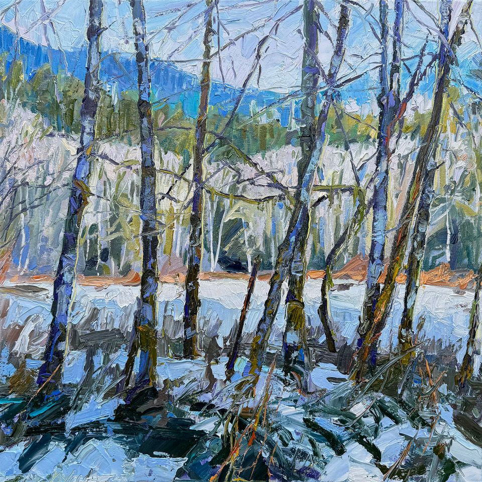 Quinault Alders - Last Snow, Oil on Canvas, 20x20 *Not currently in gallery, request to view*