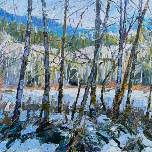 Quinault Alders - Last Snow, Oil on Canvas, 20x20 *Not currently in gallery, request to view*