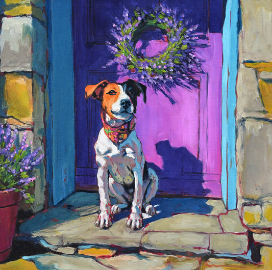 JANDI SMALL -  Lavender and a Loyal Friend, Oil on canvas mounted to cradled birch panel, 16”w x 16”h x 1.5” d