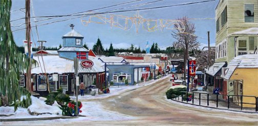 Prints available, original ***SOLD*** Carrie Goller - Little Norway (Poulsbo) Winter, Oil 24x48