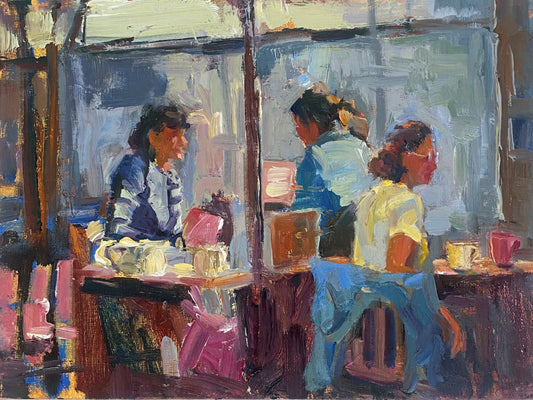 JEANNE EDWARDS - Local Gossip, oil on panel, 9x12  (framed)