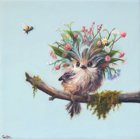 Prints available, original ***SOLD*** CARRIE GOLLER - Maggie (Wowl, Floriferous Collection), Mixed Media - Oil/Encaustic 10x10 *Available at Nanny Goat Gallery, Petaluma, CA, Contact: 707-329-6388