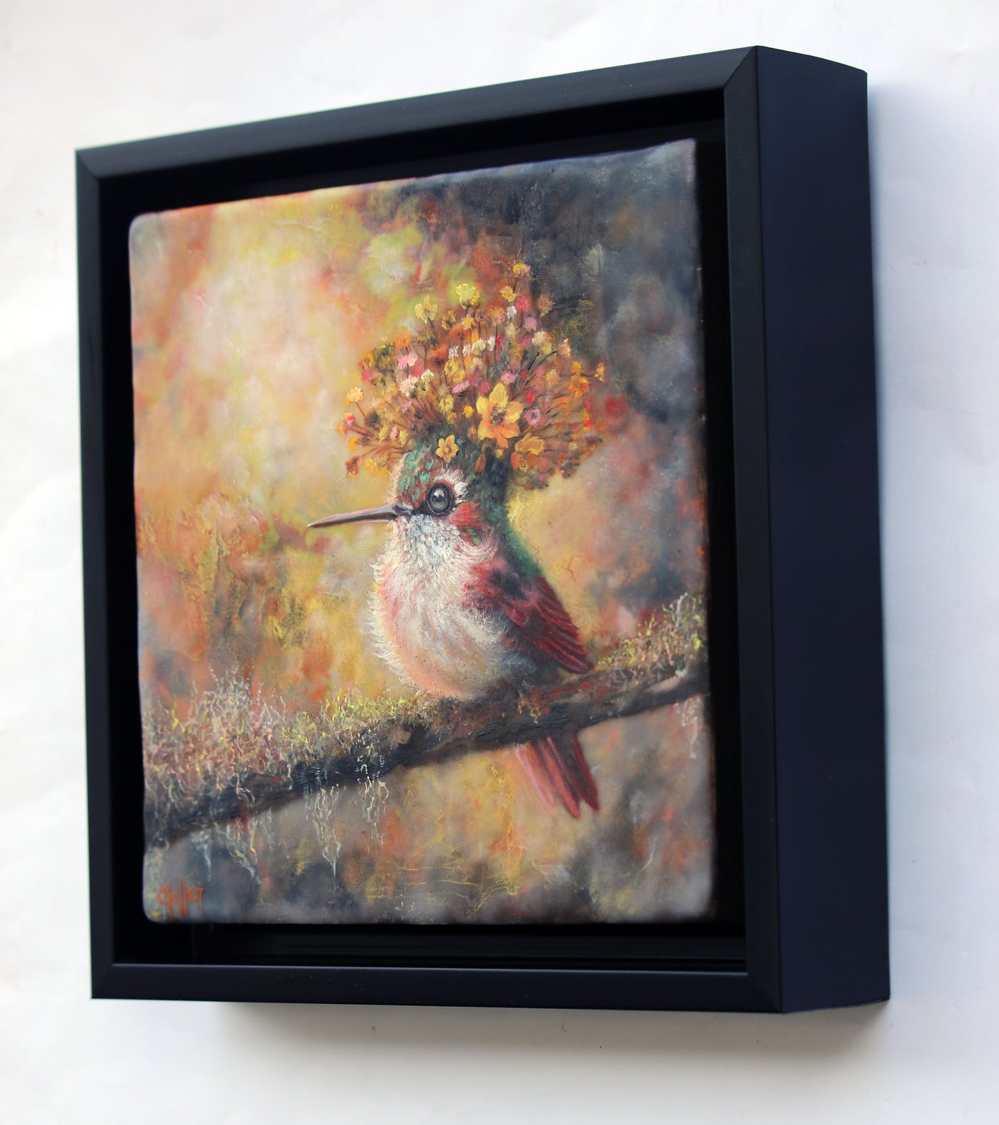 CARRIE GOLLER -  Cheri, Floriferous Hummingbird, Original Oil on canvas 8"x8" *** Available at Signet Contemporary Art, London for AAF Austin, TX***