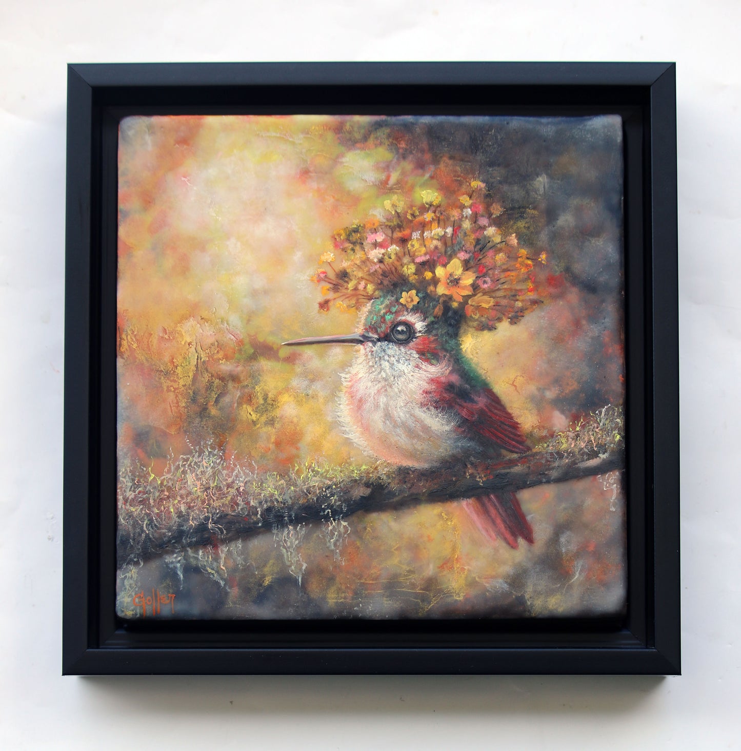CARRIE GOLLER -  Cheri, Floriferous Hummingbird, Original Oil on canvas 8"x8" *** Available at Signet Contemporary Art, London for AAF Austin, TX***
