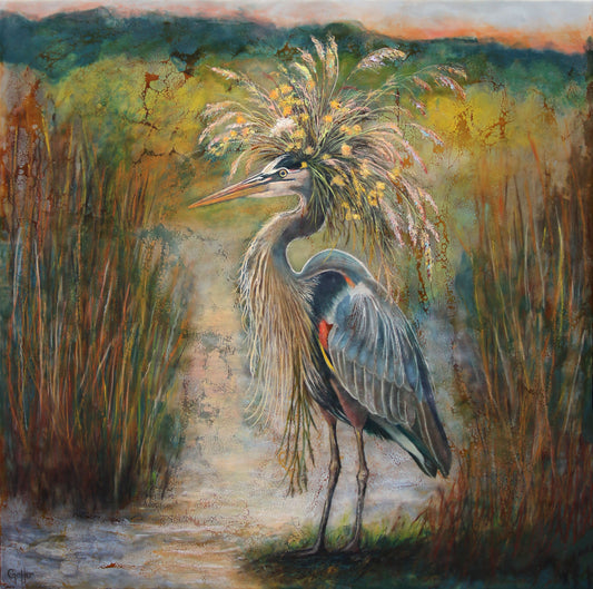 CARRIE GOLLER - Marsh Queen Floriferous (Floriferous Heron), oil on canvas, 30x30