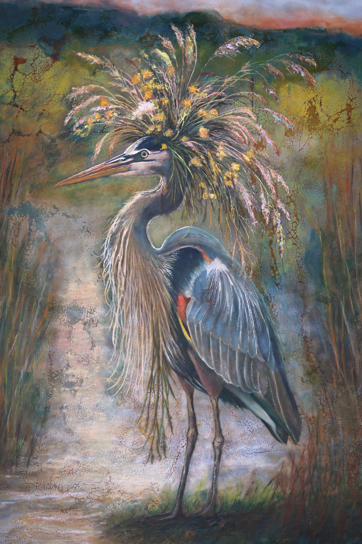 CARRIE GOLLER - Marsh Queen Floriferous (Floriferous Heron), oil on canvas, 30x30