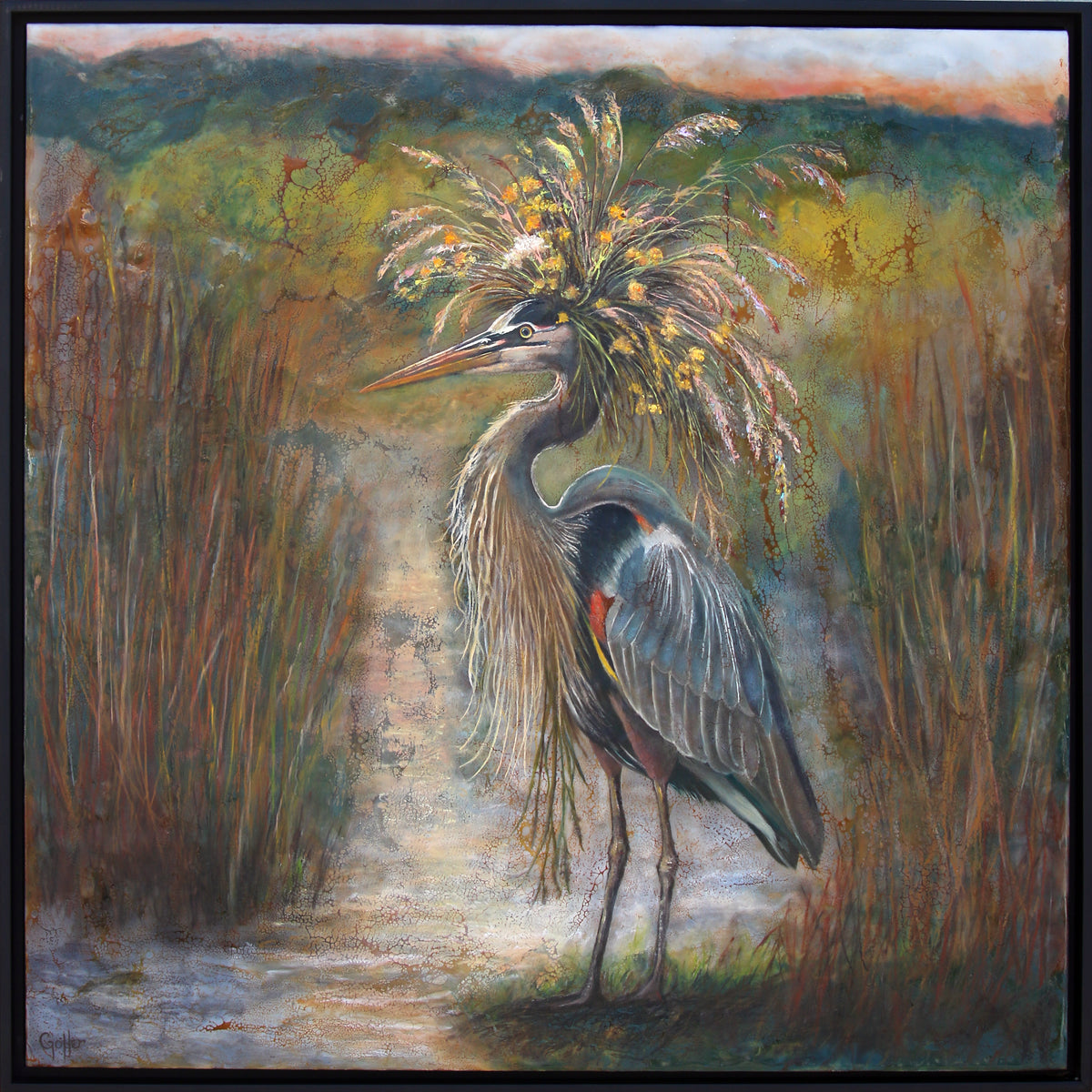 CARRIE GOLLER - Marsh Queen Floriferous (Floriferous Heron), oil on canvas, 30x30