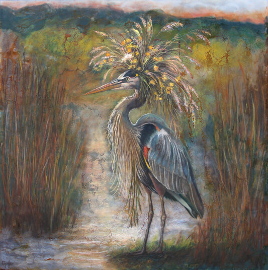 CARRIE GOLLER - Marsh Queen Floriferous (Floriferous Heron), oil on canvas, 30x30