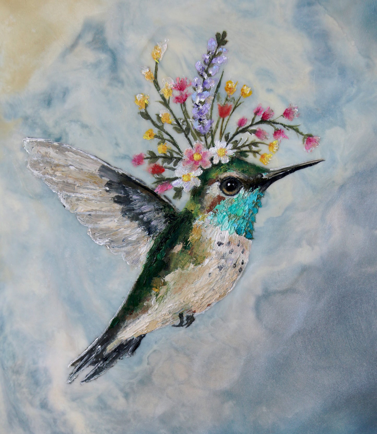 CARRIE GOLLER - Maxine, Floriferous collection (hummingbird), 8x8 Mixed Media - Oil/Encaustic