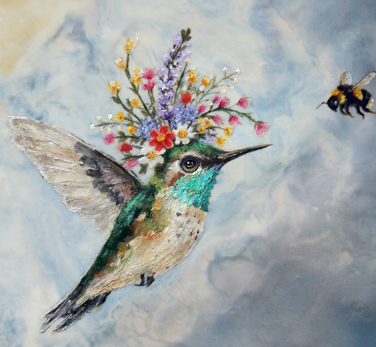 CARRIE GOLLER - Maxine, Floriferous collection (hummingbird), 8x8 Mixed Media - Oil/Encaustic