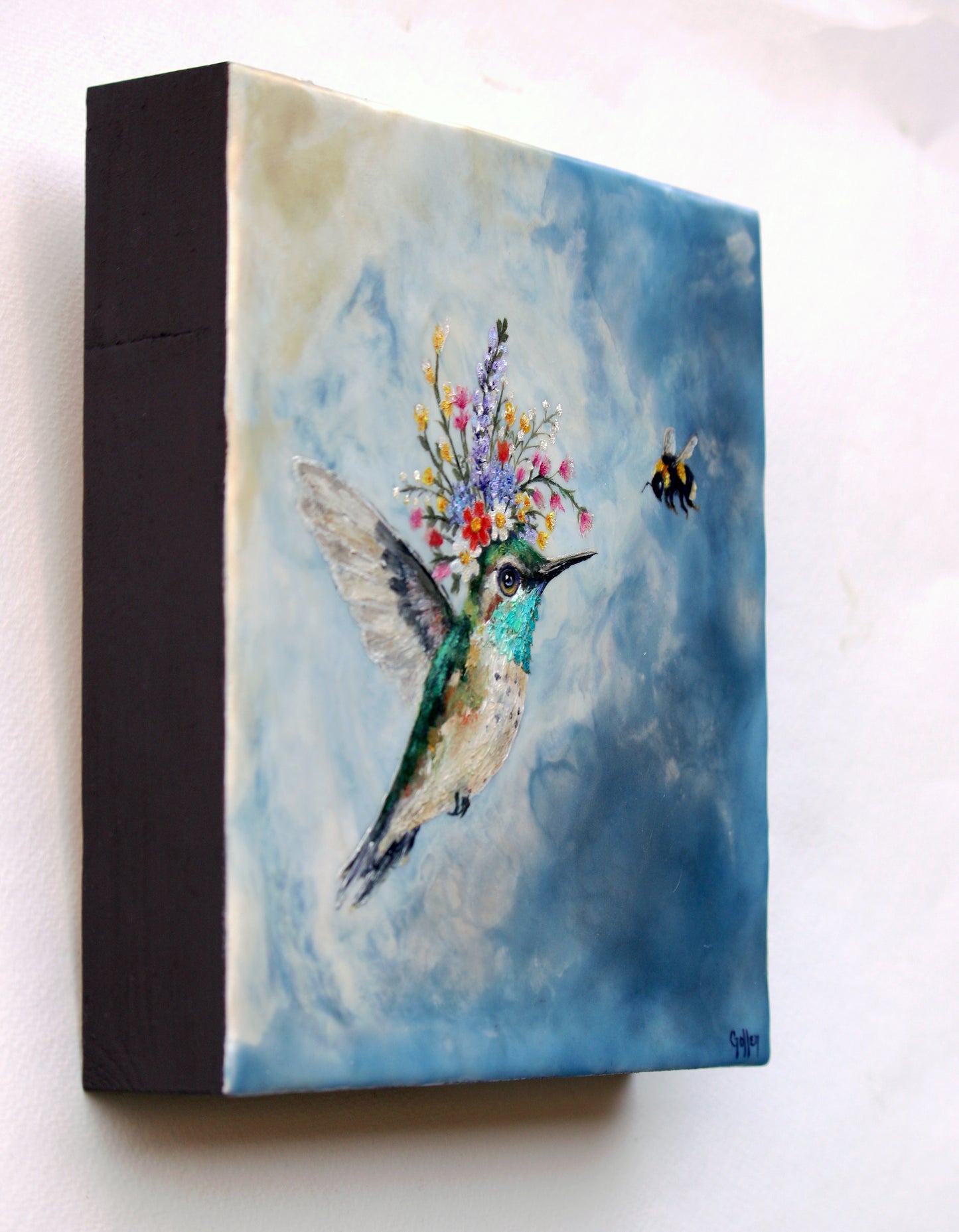 CARRIE GOLLER - Maxine, Floriferous collection (hummingbird), 8x8 Mixed Media - Oil/Encaustic