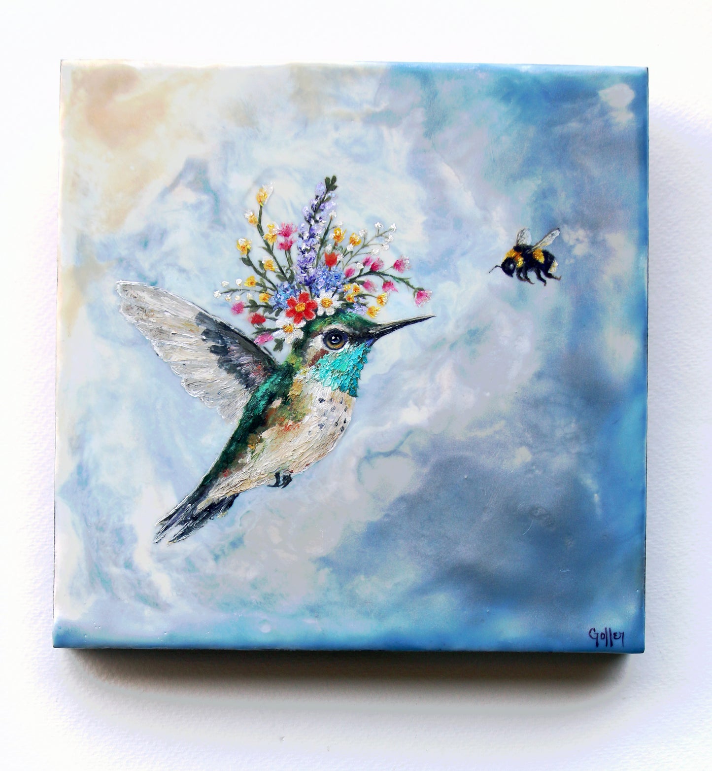 CARRIE GOLLER - Maxine, Floriferous collection (hummingbird), 8x8 Mixed Media - Oil/Encaustic