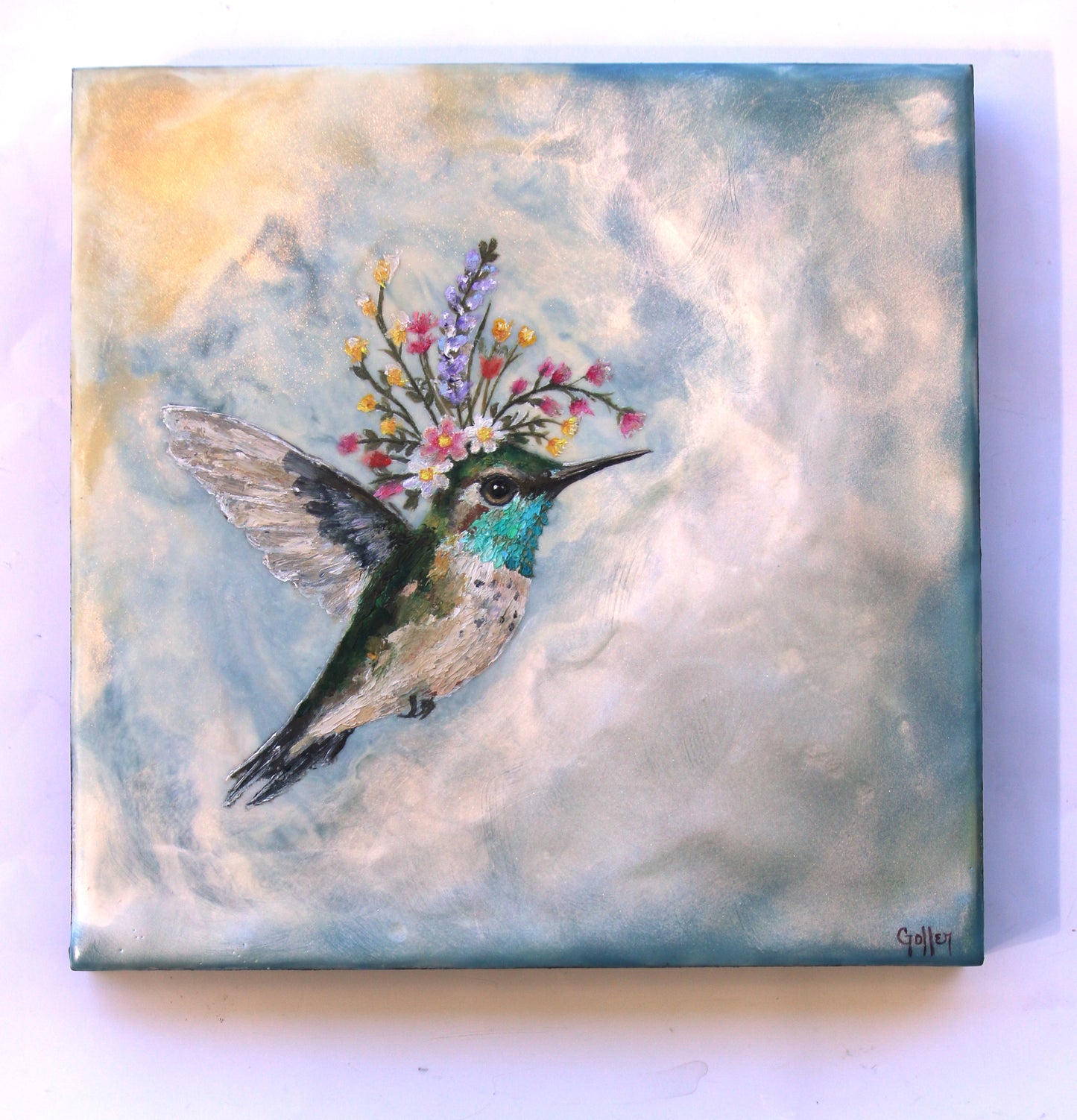 CARRIE GOLLER - Maxine, Floriferous collection (hummingbird), 8x8 Mixed Media - Oil/Encaustic