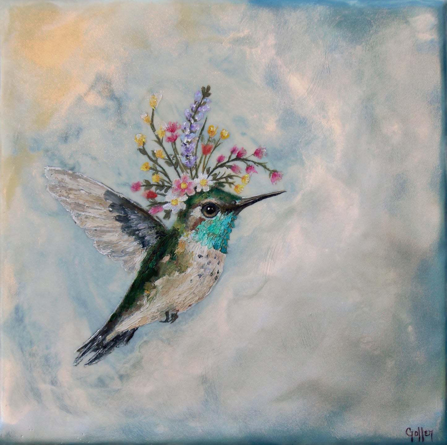 CARRIE GOLLER - Maxine, Floriferous collection (hummingbird), 8x8 Mixed Media - Oil/Encaustic