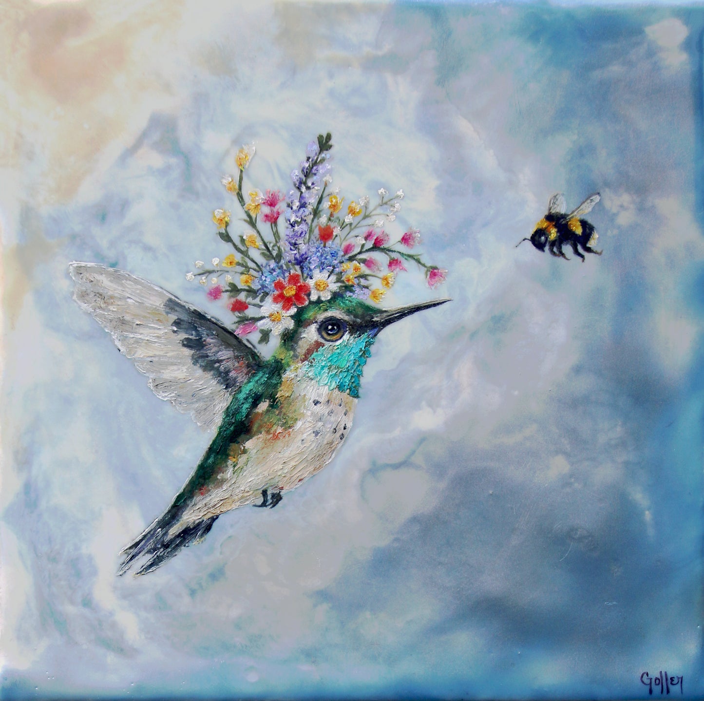 CARRIE GOLLER - Maxine, Floriferous collection (hummingbird), 8x8 Mixed Media - Oil/Encaustic