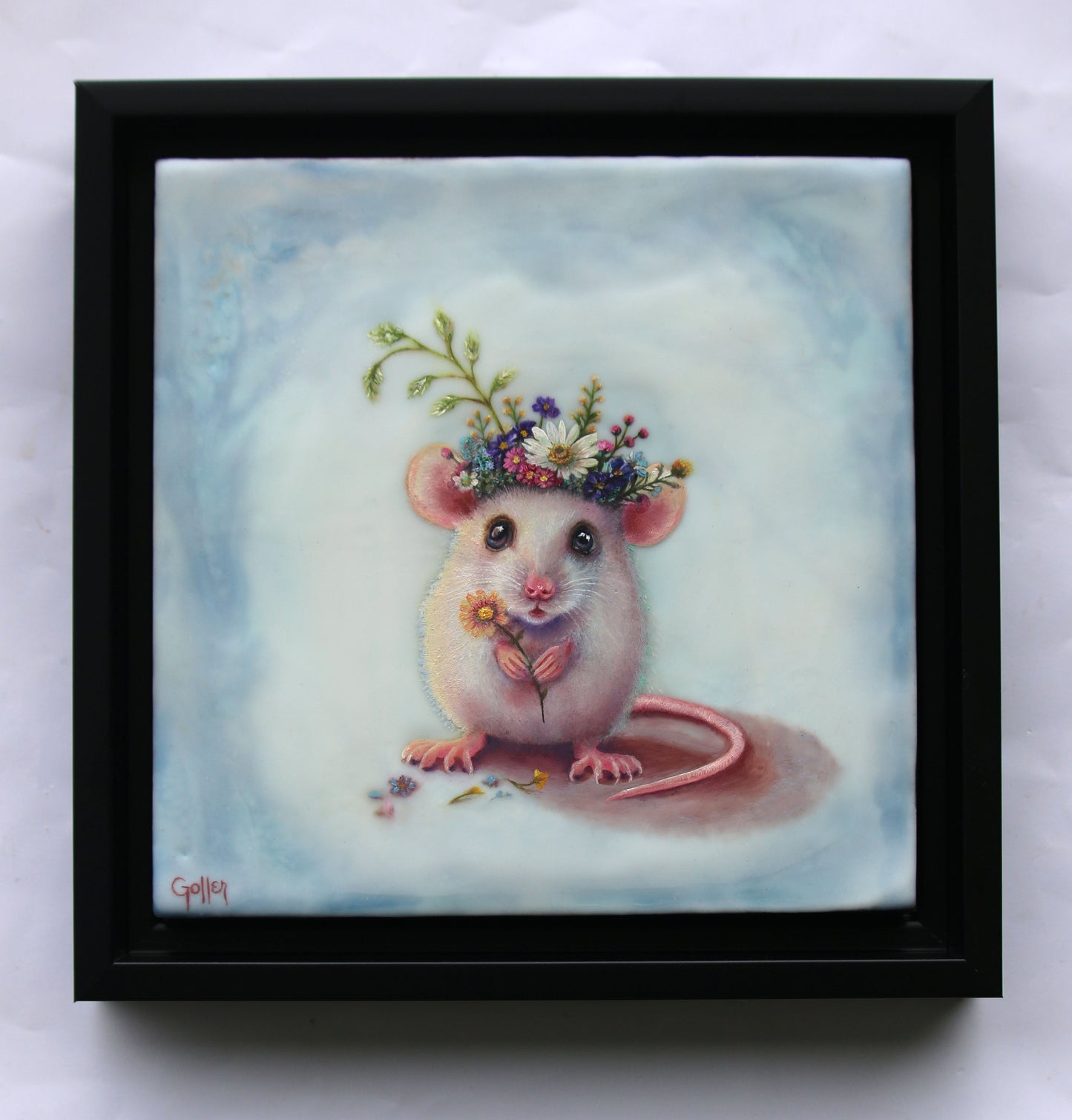 CARRIE GOLLER -  Mayday, Floriferous Mouse, Original Oil and encaustic 8"x8" *** Available at Signet Contemporary Art, London for AAF Austin, TX***