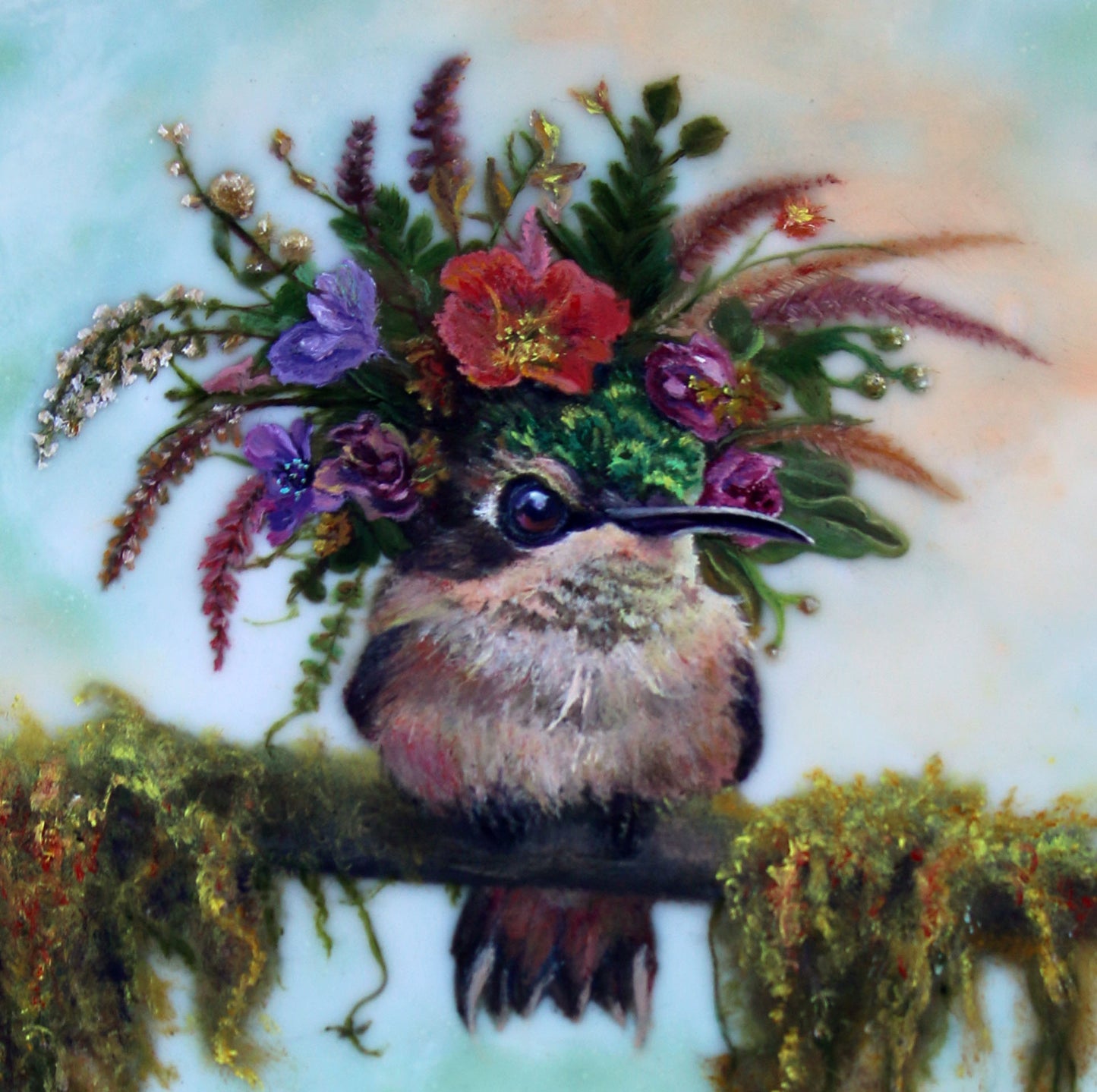 ***SOLD*** CARRIE GOLLER - Merci, Floriferous collection (hummingbird), Mixed Media – Oil/Encaustic 8x8 ***At Jones & Terwilliger Galleries, Palm Desert, CA please inquire at (760) 674-8989***