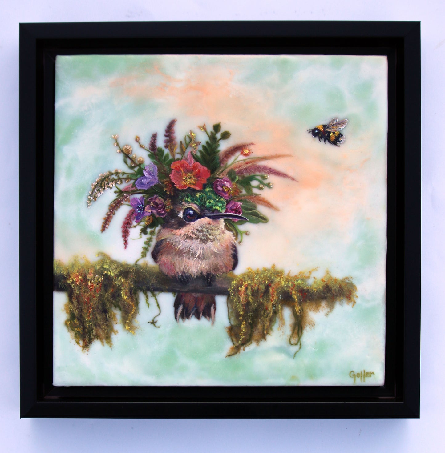 ***SOLD*** CARRIE GOLLER - Merci, Floriferous collection (hummingbird), Mixed Media – Oil/Encaustic 8x8 ***At Jones & Terwilliger Galleries, Palm Desert, CA please inquire at (760) 674-8989***