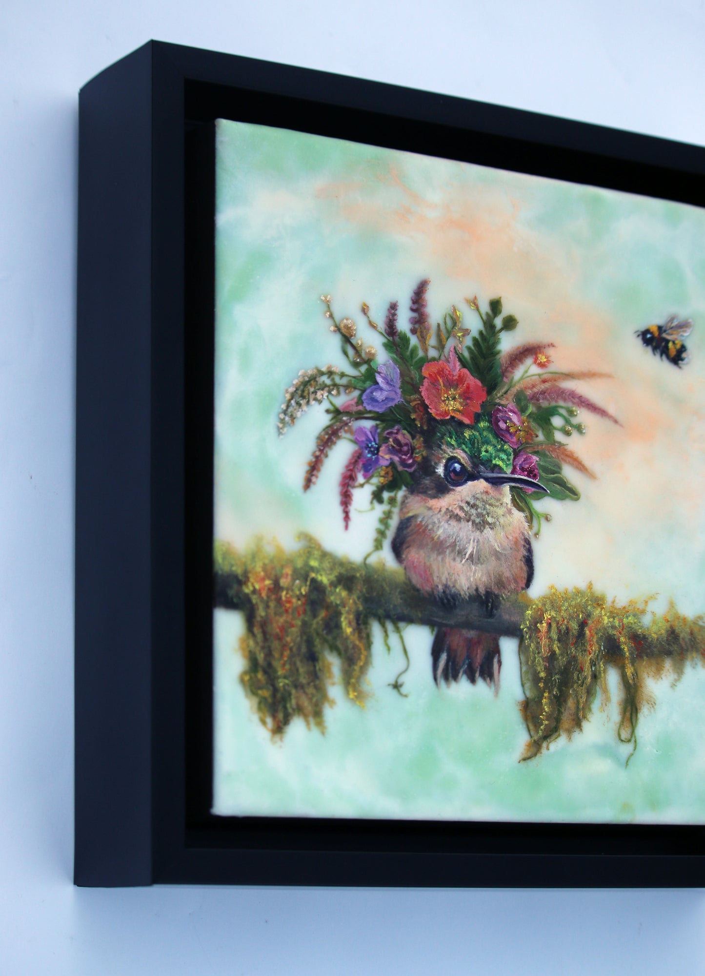 ***SOLD*** CARRIE GOLLER - Merci, Floriferous collection (hummingbird), Mixed Media – Oil/Encaustic 8x8 ***At Jones & Terwilliger Galleries, Palm Desert, CA please inquire at (760) 674-8989***