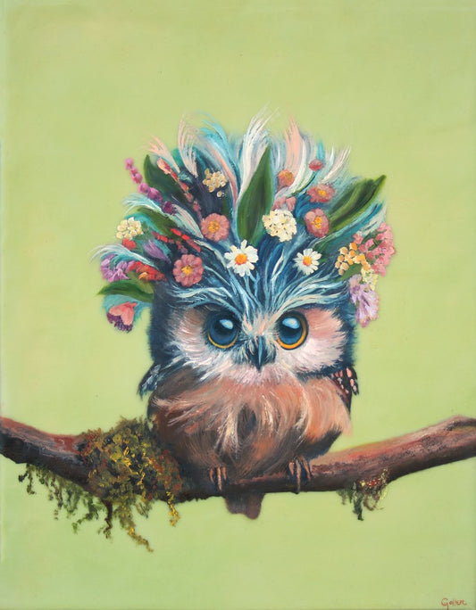 Prints available, originaL ***SOLD*** CARRIE GOLLER - Meredith, Wowl (Floriferous Collection), Mixed Media - Oil/Encaustic 14x11, ***At Jones & Terwilliger Gallerie***
