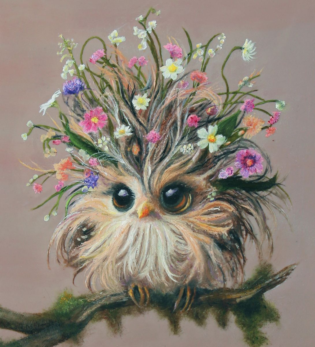 Prints available, original ***SOLD*** CARRIE GOLLER -  Merlinda, Floriferous Collection (Wowl), Mixed media oil/encaustic on wood panel, 8x8   ***At Nanny Goat Gallery, Petaluma, CA for Wild Card Show please inquire at (707) 329-6388