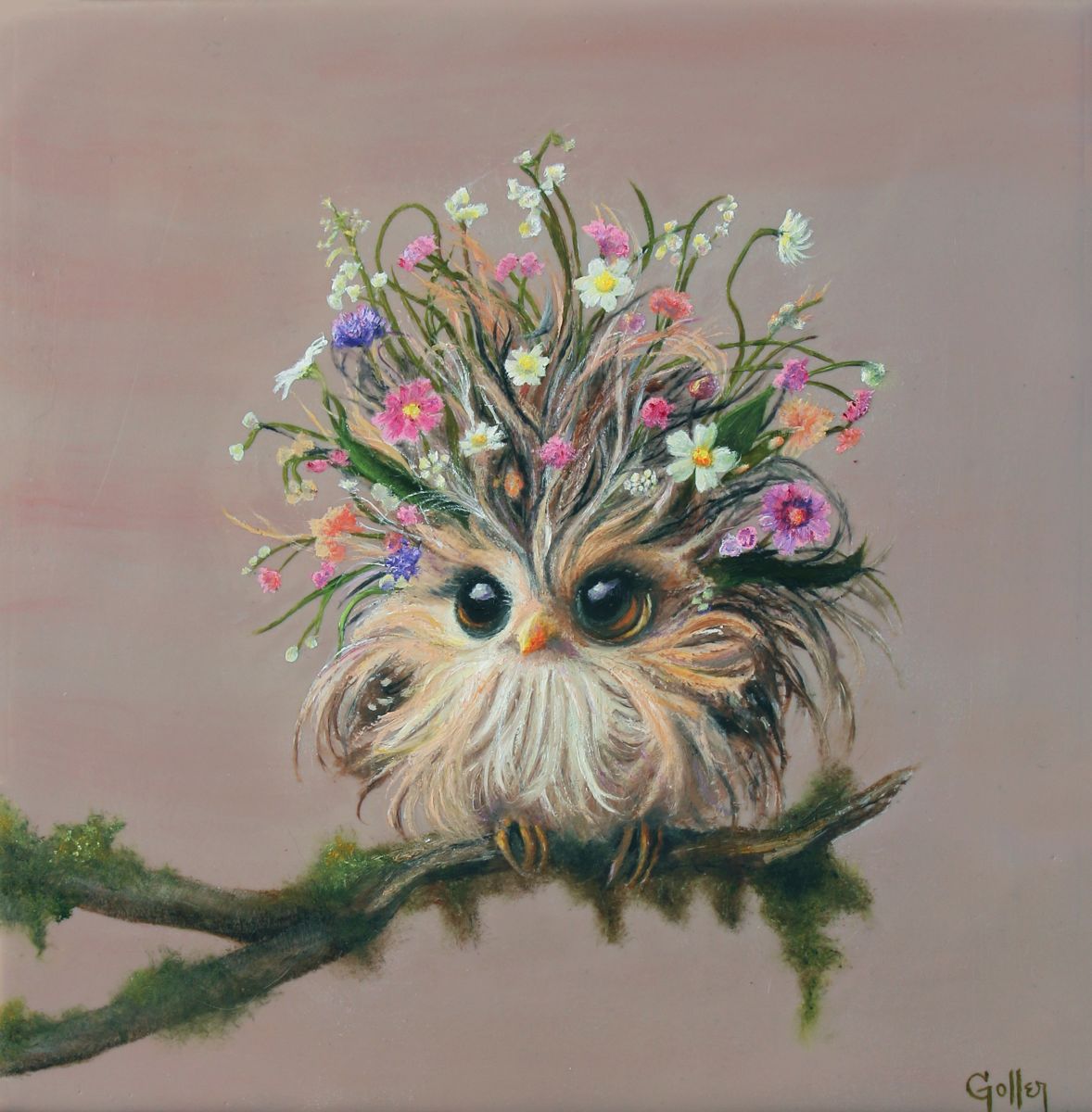 Prints available, original ***SOLD*** CARRIE GOLLER -  Merlinda, Floriferous Collection (Wowl), Mixed media oil/encaustic on wood panel, 8x8   ***At Nanny Goat Gallery, Petaluma, CA for Wild Card Show please inquire at (707) 329-6388