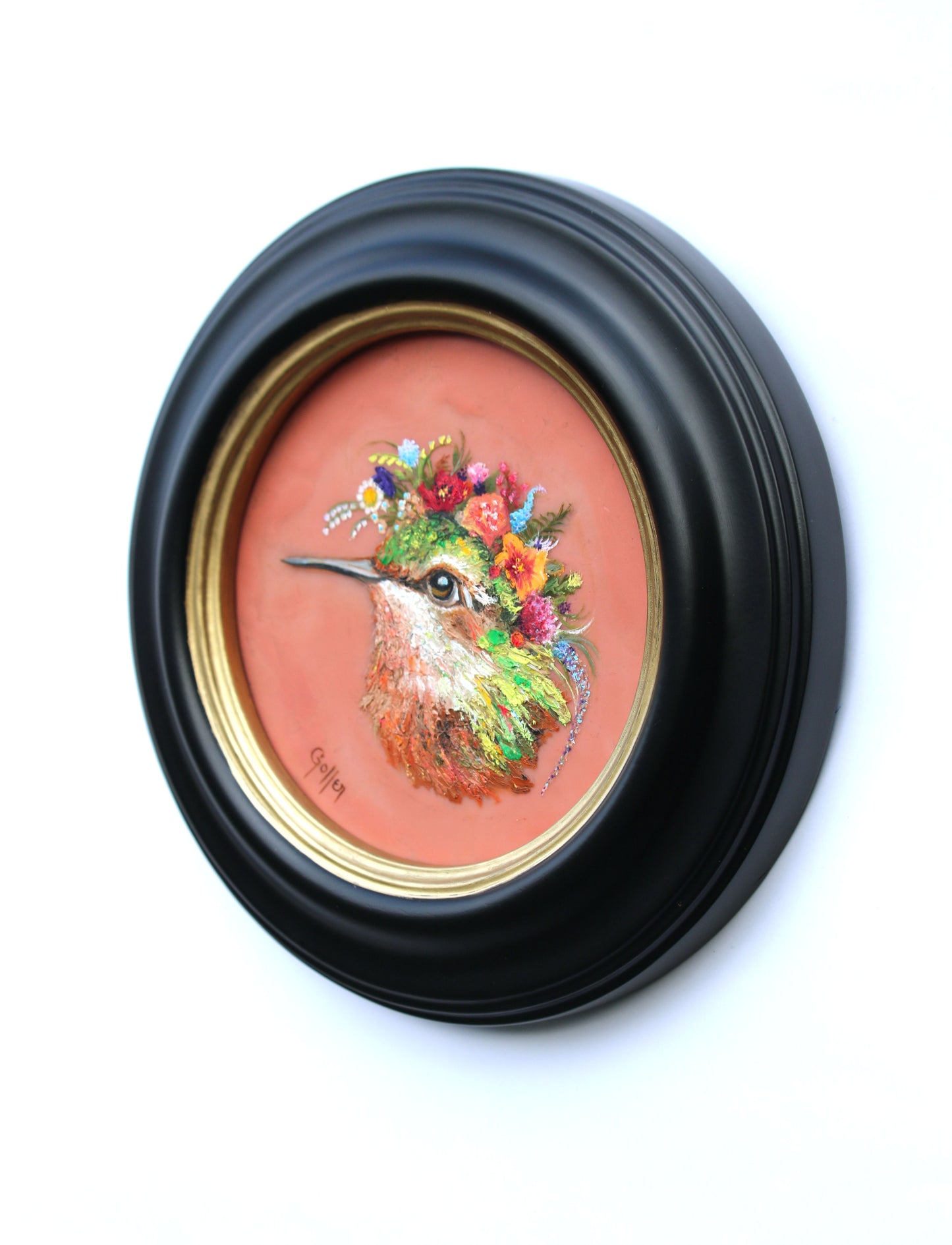 Prints available, original ***SOLD*** CARRIE GOLLER -  Mitzi, Floriferous Collection (Hummingbird), Mixed media - oil/encaustic 5x5