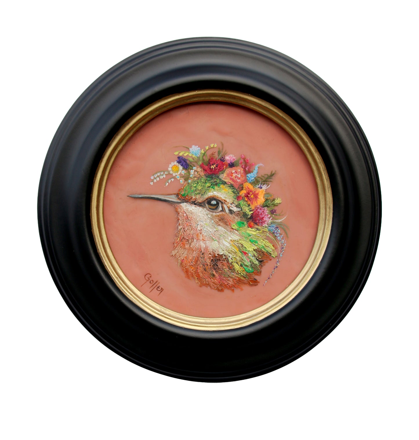Prints available, original ***SOLD*** CARRIE GOLLER -  Mitzi, Floriferous Collection (Hummingbird), Mixed media - oil/encaustic 5x5