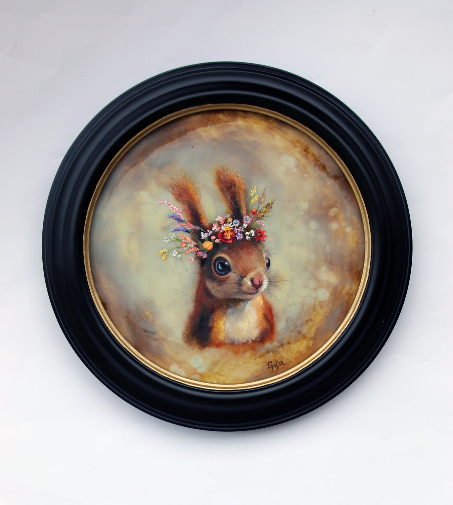 CARRIE GOLLER - *** SOLD *** Mo (Floriferous Collection), Mixed Media Oil/Encaustic 8x8 Miniature (Squirrel) ***At Rehs Contemporary Galleries, NYC, please inquire at (212) 355-5710