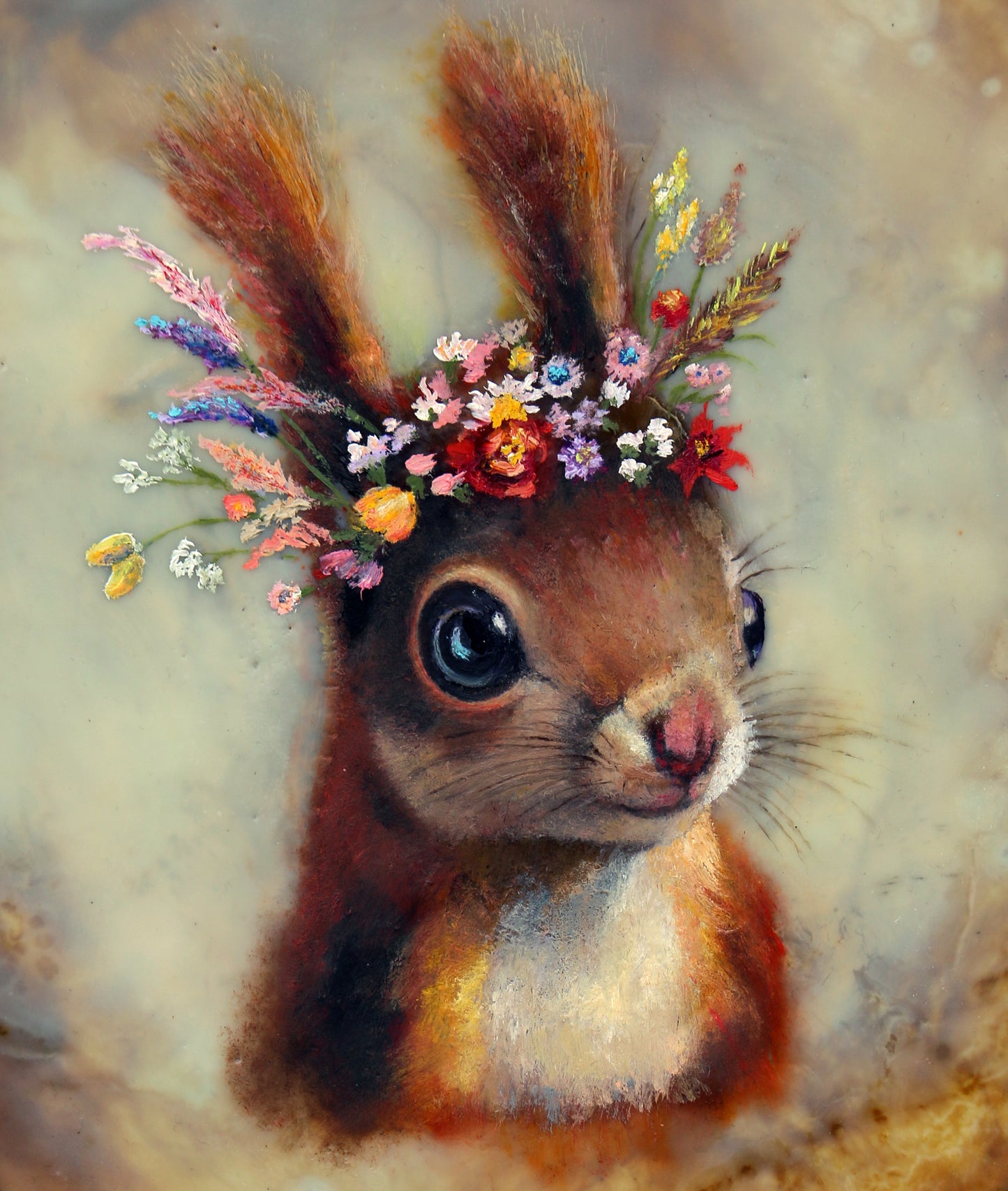CARRIE GOLLER - *** SOLD *** Mo (Floriferous Collection), Mixed Media Oil/Encaustic 8x8 Miniature (Squirrel) ***At Rehs Contemporary Galleries, NYC, please inquire at (212) 355-5710