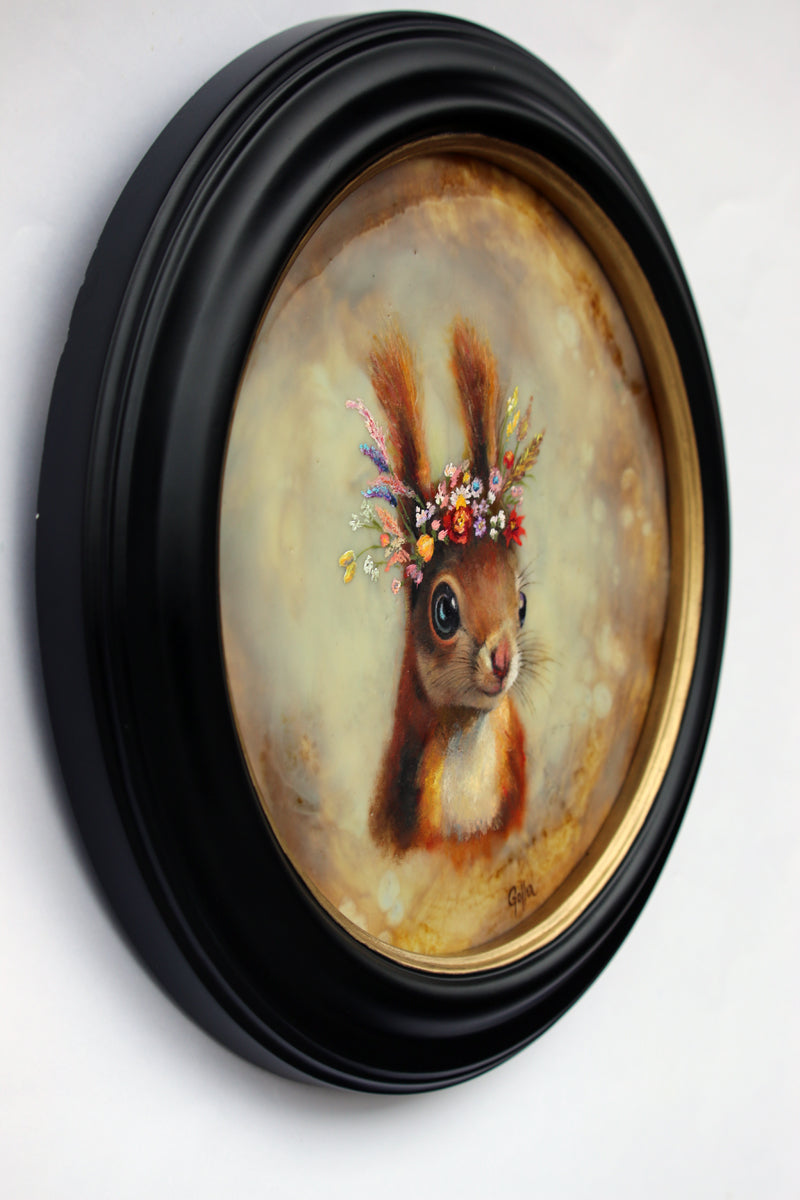 CARRIE GOLLER - *** SOLD *** Mo (Floriferous Collection), Mixed Media Oil/Encaustic 8x8 Miniature (Squirrel) ***At Rehs Contemporary Galleries, NYC, please inquire at (212) 355-5710