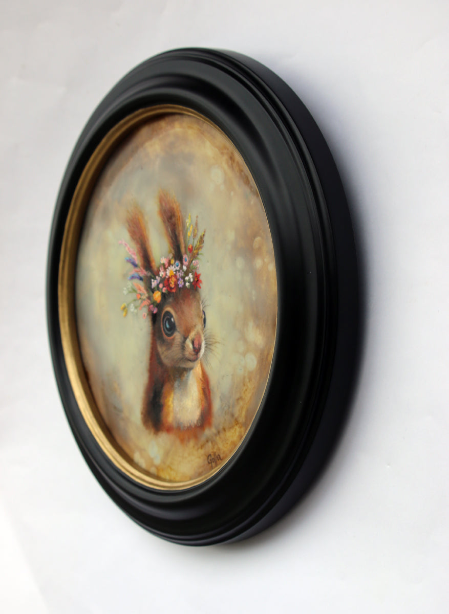 CARRIE GOLLER - *** SOLD *** Mo (Floriferous Collection), Mixed Media Oil/Encaustic 8x8 Miniature (Squirrel) ***At Rehs Contemporary Galleries, NYC, please inquire at (212) 355-5710
